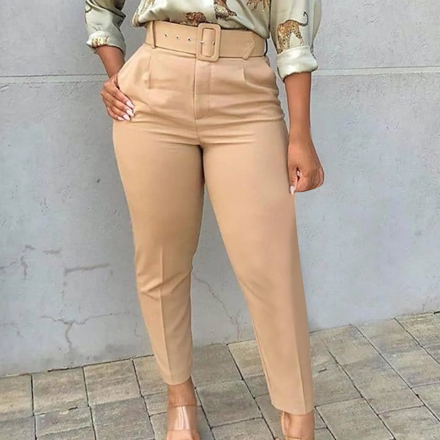 Womens Suit Pants Casual Stretch Loose Fit Straight Belted Waisted Business Suit Pants Fashion Work Office Trousers