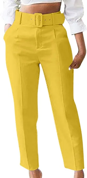 Womens Suit Pants Casual Stretch Loose Fit Straight Belted Waisted Business Suit Pants Fashion Work Office Trousers