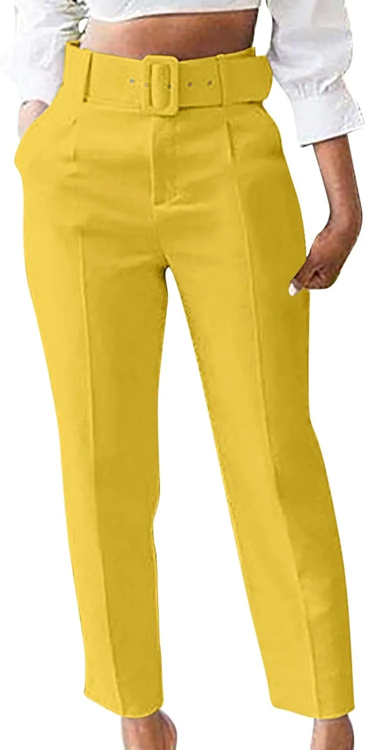 Womens Suit Pants Casual Stretch Loose Fit Straight Belted Waisted Business Suit Pants Fashion Work Office Trousers