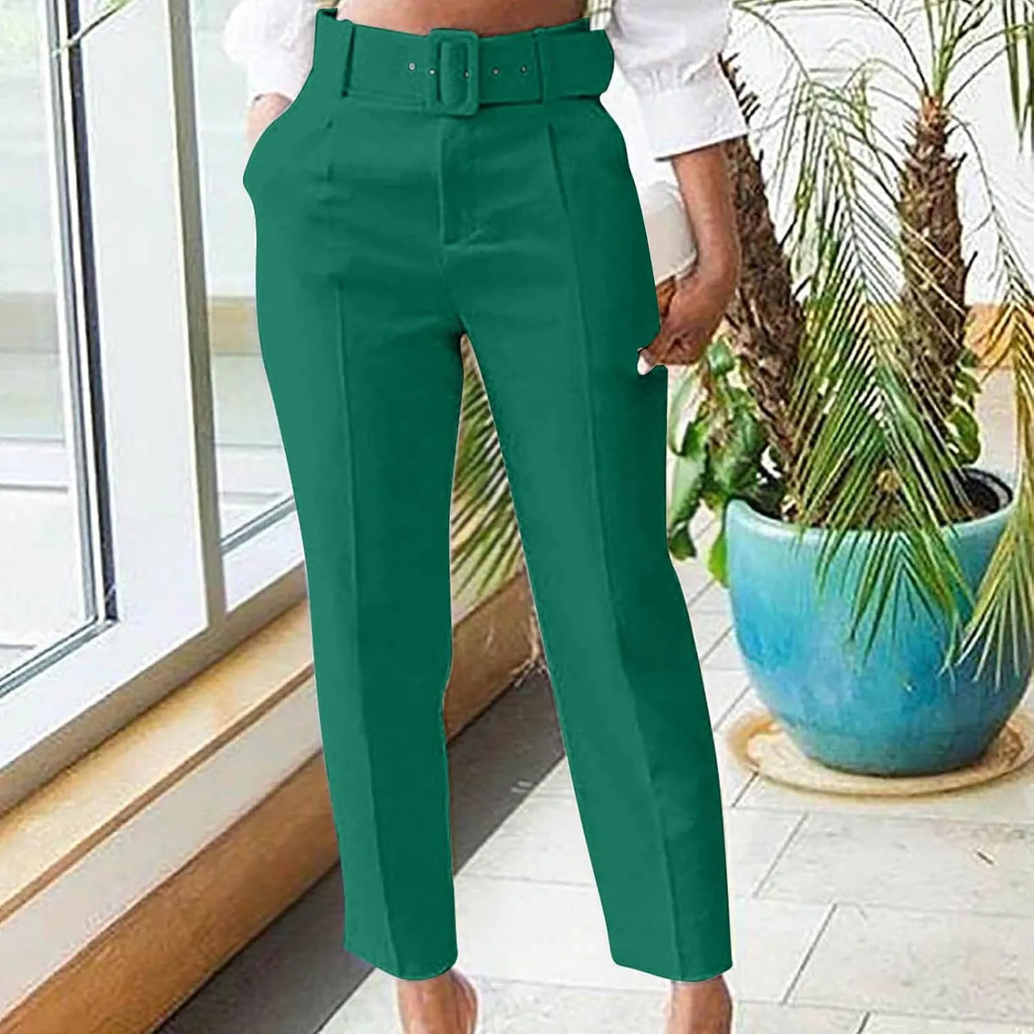 Womens Suit Pants Casual Stretch Loose Fit Straight Belted Waisted Business Suit Pants Fashion Work Office Trousers