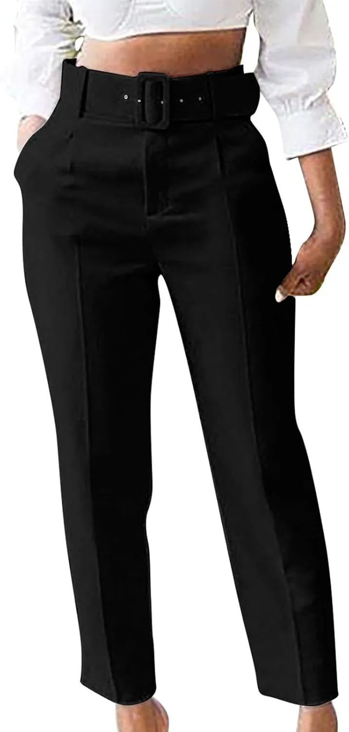 Womens Suit Pants Casual Stretch Loose Fit Straight Belted Waisted Business Suit Pants Fashion Work Office Trousers
