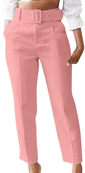 Womens Suit Pants Casual Stretch Loose Fit Straight Belted Waisted Business Suit Pants Fashion Work Office Trousers