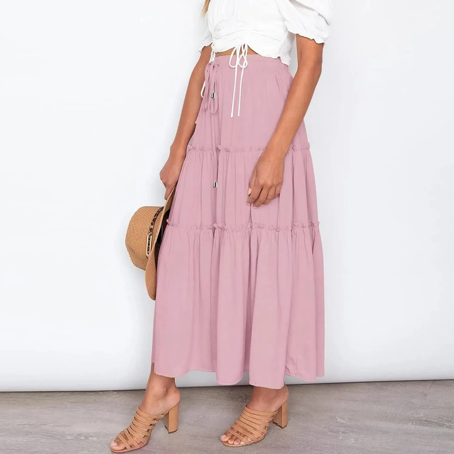 Womens Summer Boho Maxi Skirt A-Line Flowy Ruffle Trendy Drawstring Elastic High Waist Pleated Beach Long Skirts