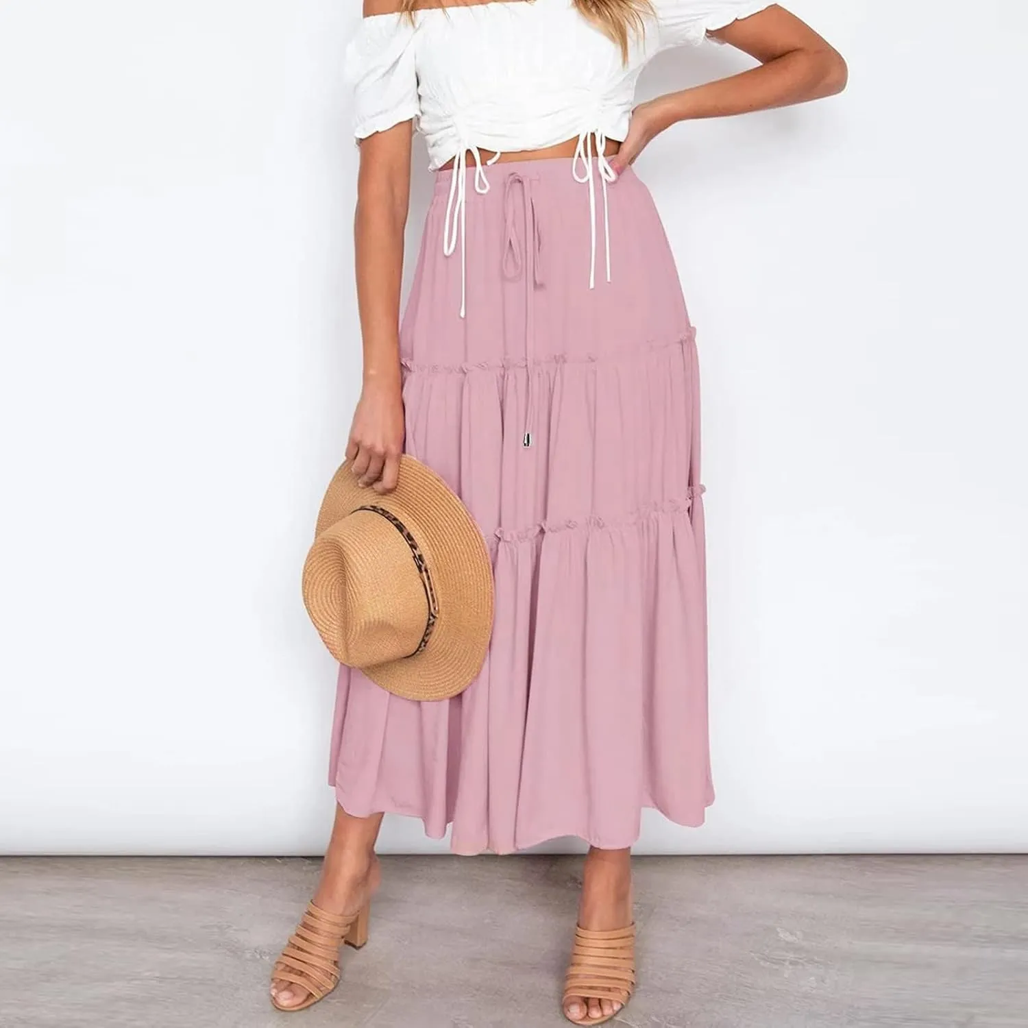 Womens Summer Boho Maxi Skirt A-Line Flowy Ruffle Trendy Drawstring Elastic High Waist Pleated Beach Long Skirts
