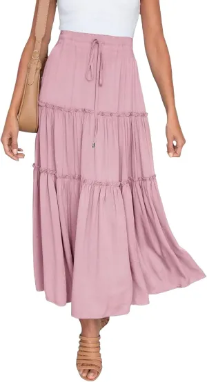 Womens Summer Boho Maxi Skirt A-Line Flowy Ruffle Trendy Drawstring Elastic High Waist Pleated Beach Long Skirts
