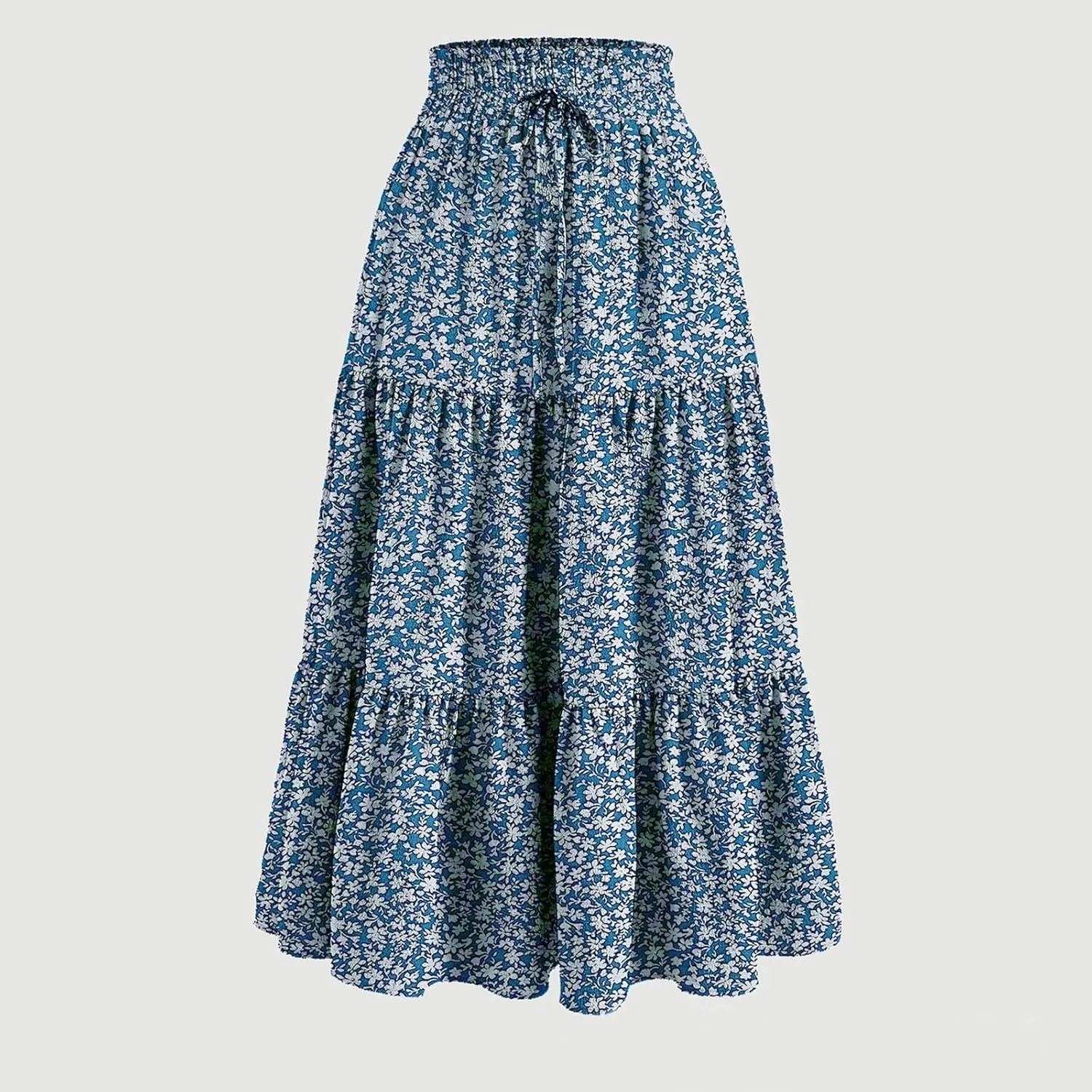 Womens Summer Casual A-Line Long Skirt Tiered High Waist Beach Outfits Elastic Waist Bohemian Print Maxi Skirt