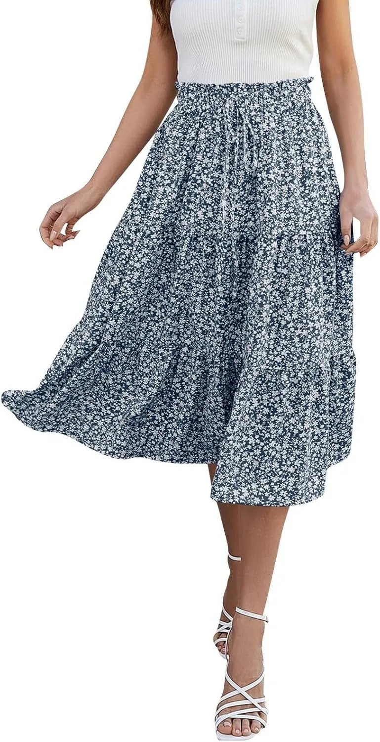 Womens Summer Casual A-Line Long Skirt Tiered High Waist Beach Outfits Elastic Waist Bohemian Print Maxi Skirt