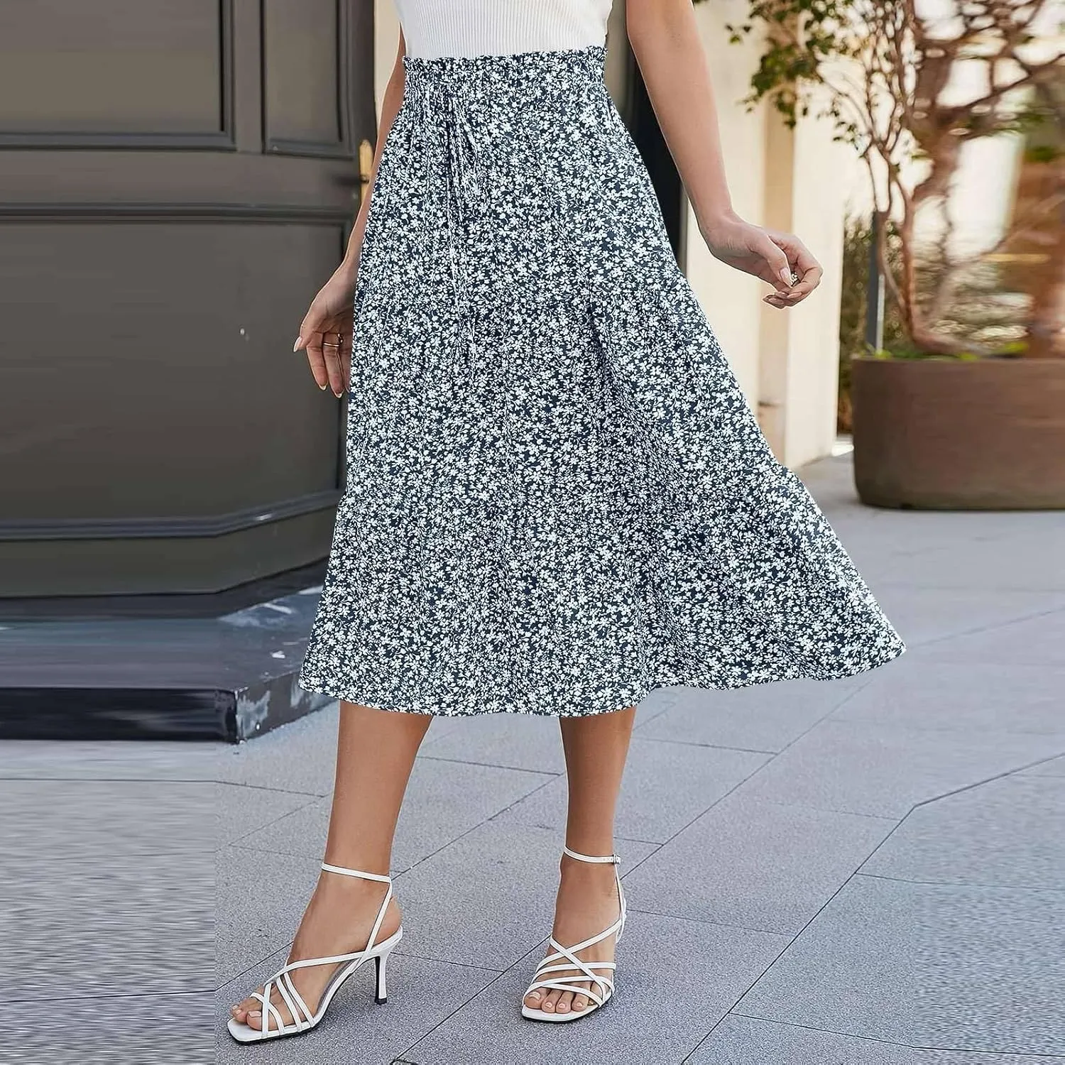 Womens Summer Casual A-Line Long Skirt Tiered High Waist Beach Outfits Elastic Waist Bohemian Print Maxi Skirt