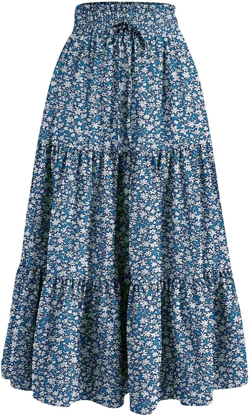 Womens Summer Casual A-Line Long Skirt Tiered High Waist Beach Outfits Elastic Waist Bohemian Print Maxi Skirt
