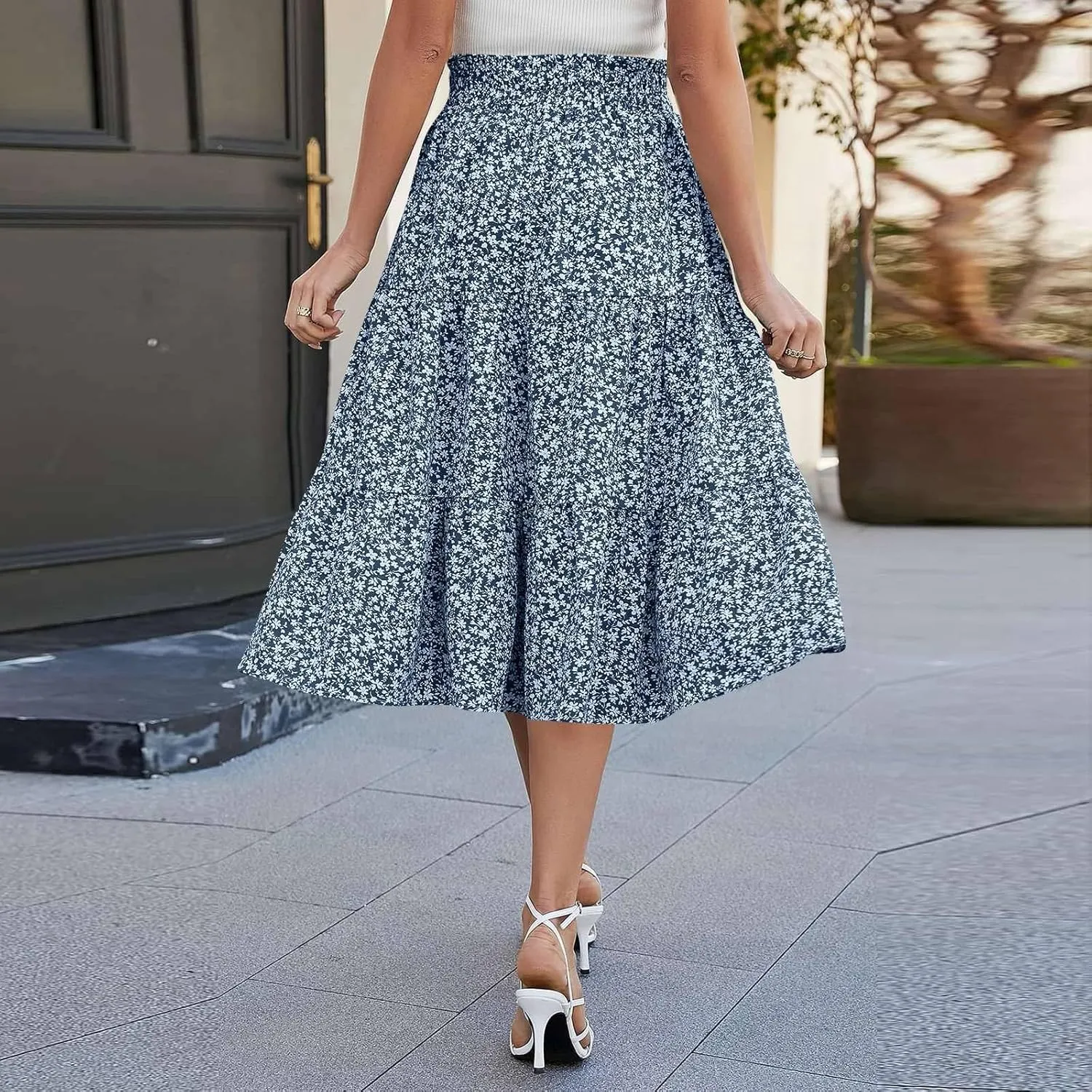 Womens Summer Casual A-Line Long Skirt Tiered High Waist Beach Outfits Elastic Waist Bohemian Print Maxi Skirt