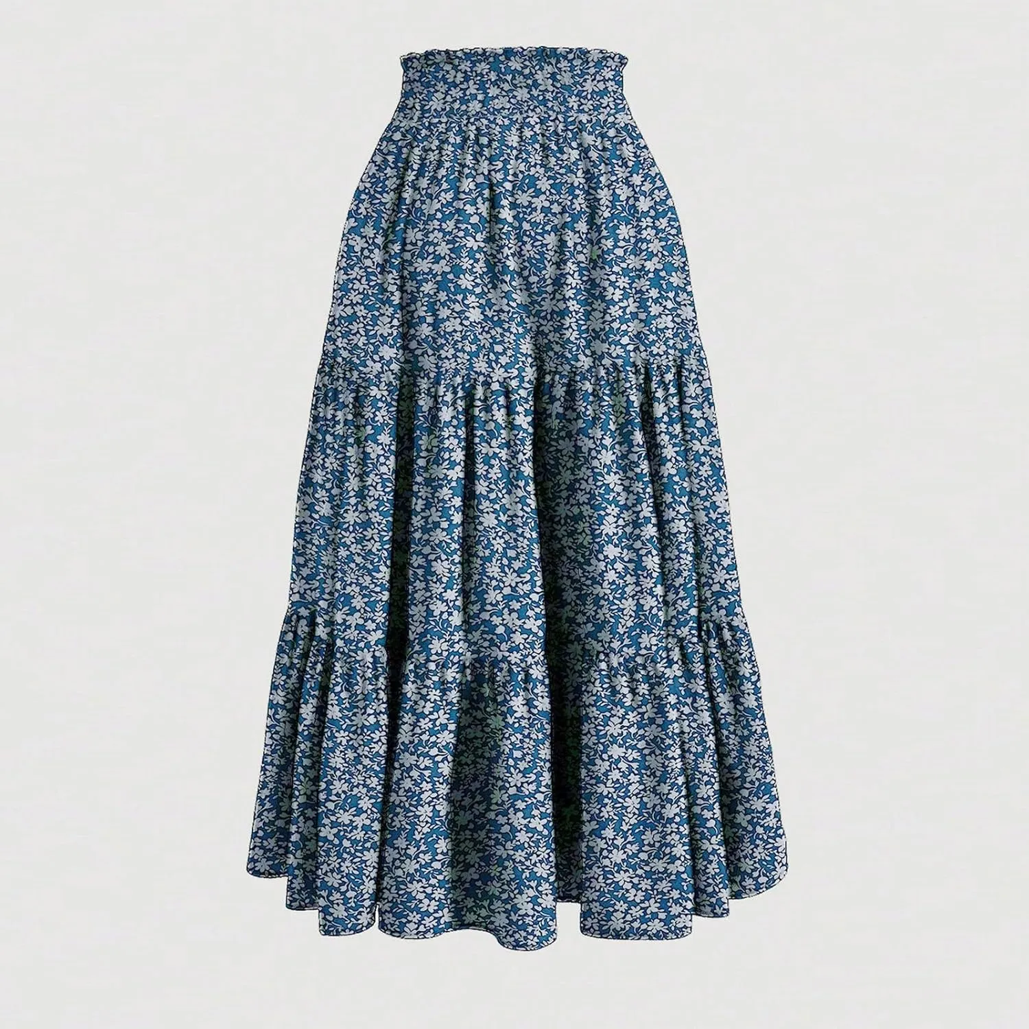 Womens Summer Casual A-Line Long Skirt Tiered High Waist Beach Outfits Elastic Waist Bohemian Print Maxi Skirt