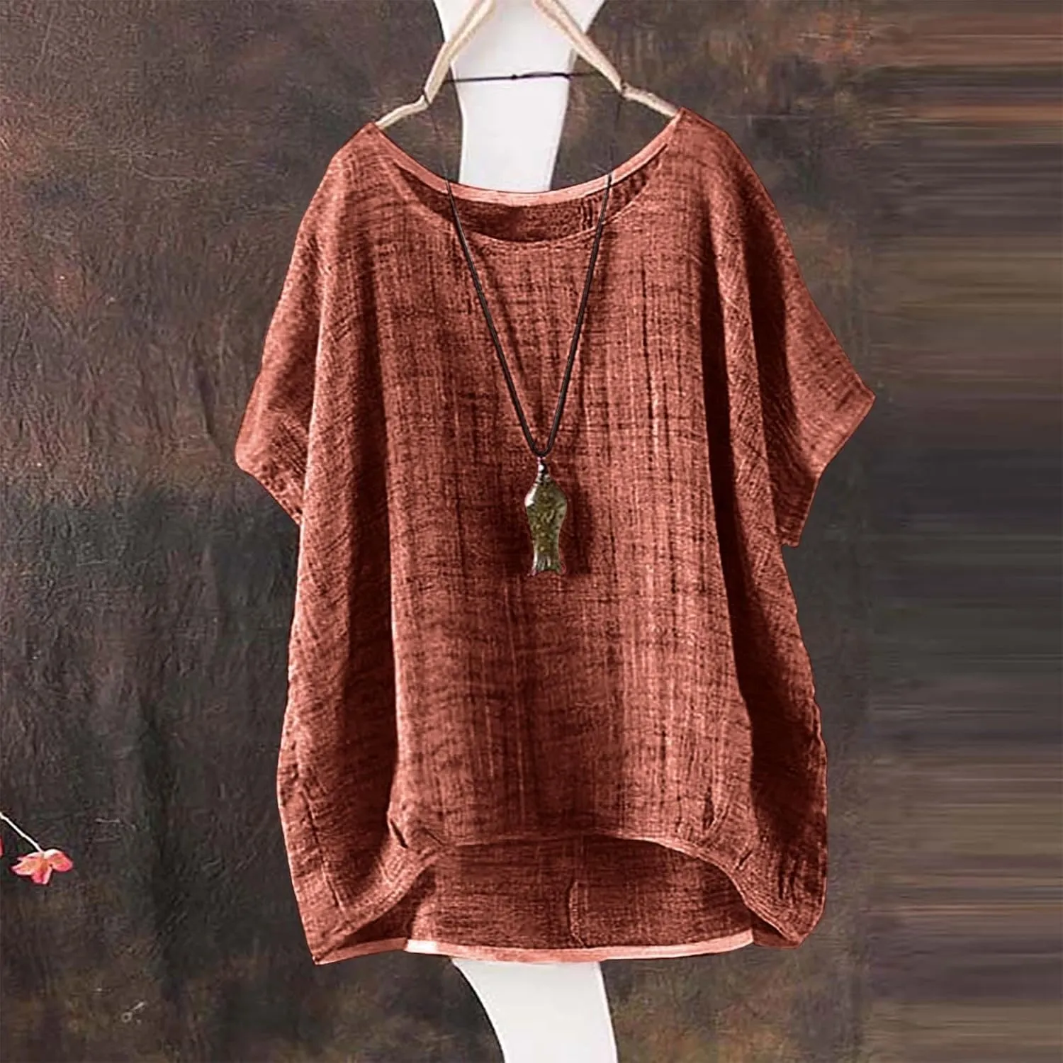 Women's Summer Cotton Linen Boho Floral Short Sleeve Tunic Tops Casual Comfy Womens Tops Oversized Business