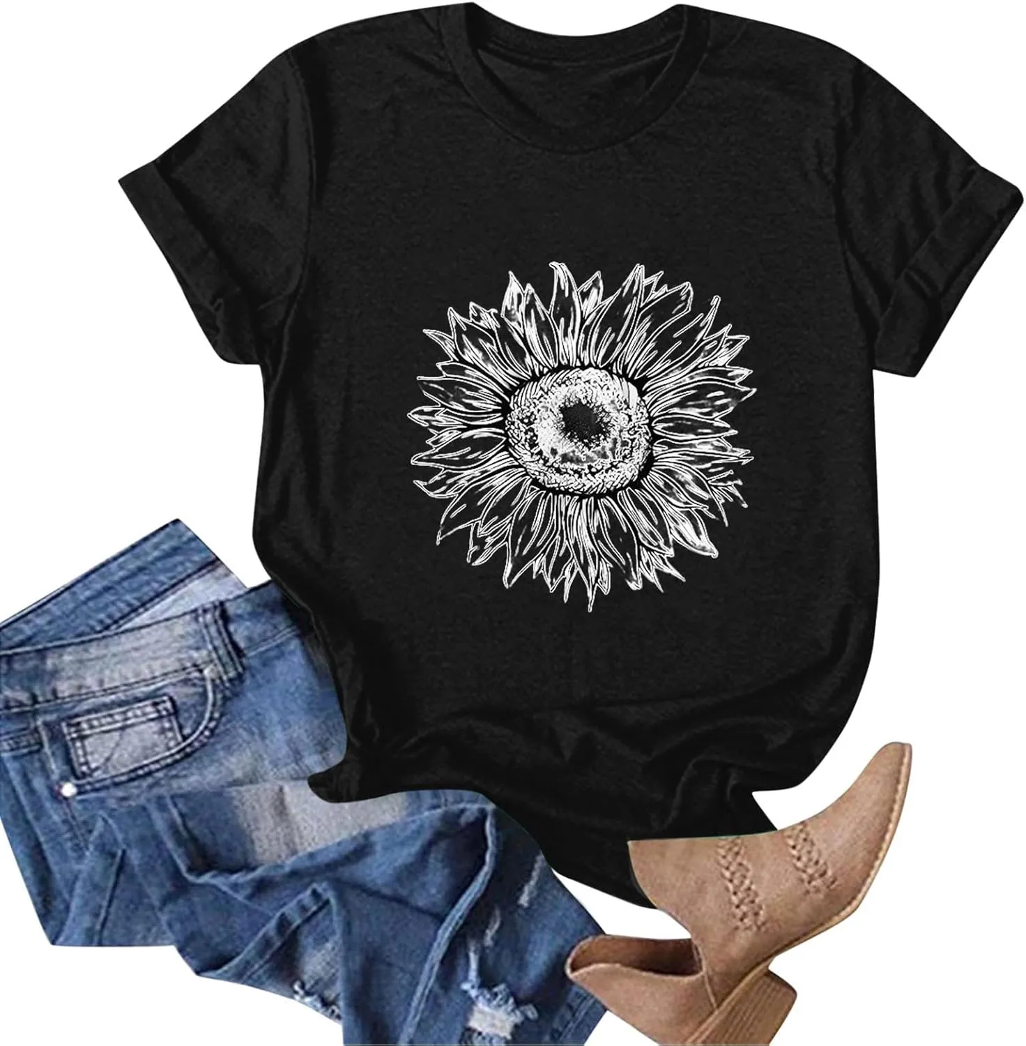 Womens Summer Short Sleeve Tops Vintage Floral Crew Neck Loose Fit Tees Casual Summer Basic Tunic Top Trendy 2025