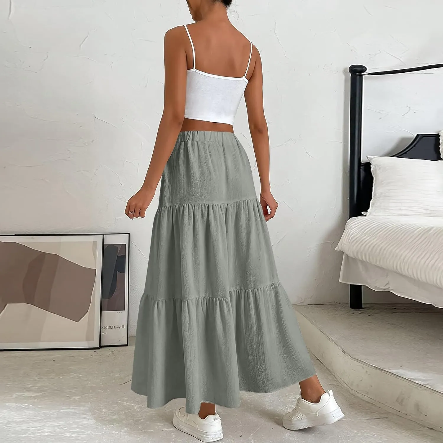 Womens Summer Skirt Beach Maxi Skirt Drawstring High Waisted Pleated Tiered A Line Skirts Trendy Long Flowy Skirts