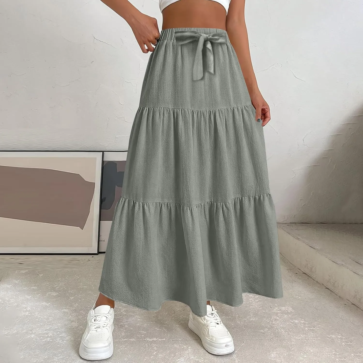 Womens Summer Skirt Beach Maxi Skirt Drawstring High Waisted Pleated Tiered A Line Skirts Trendy Long Flowy Skirts