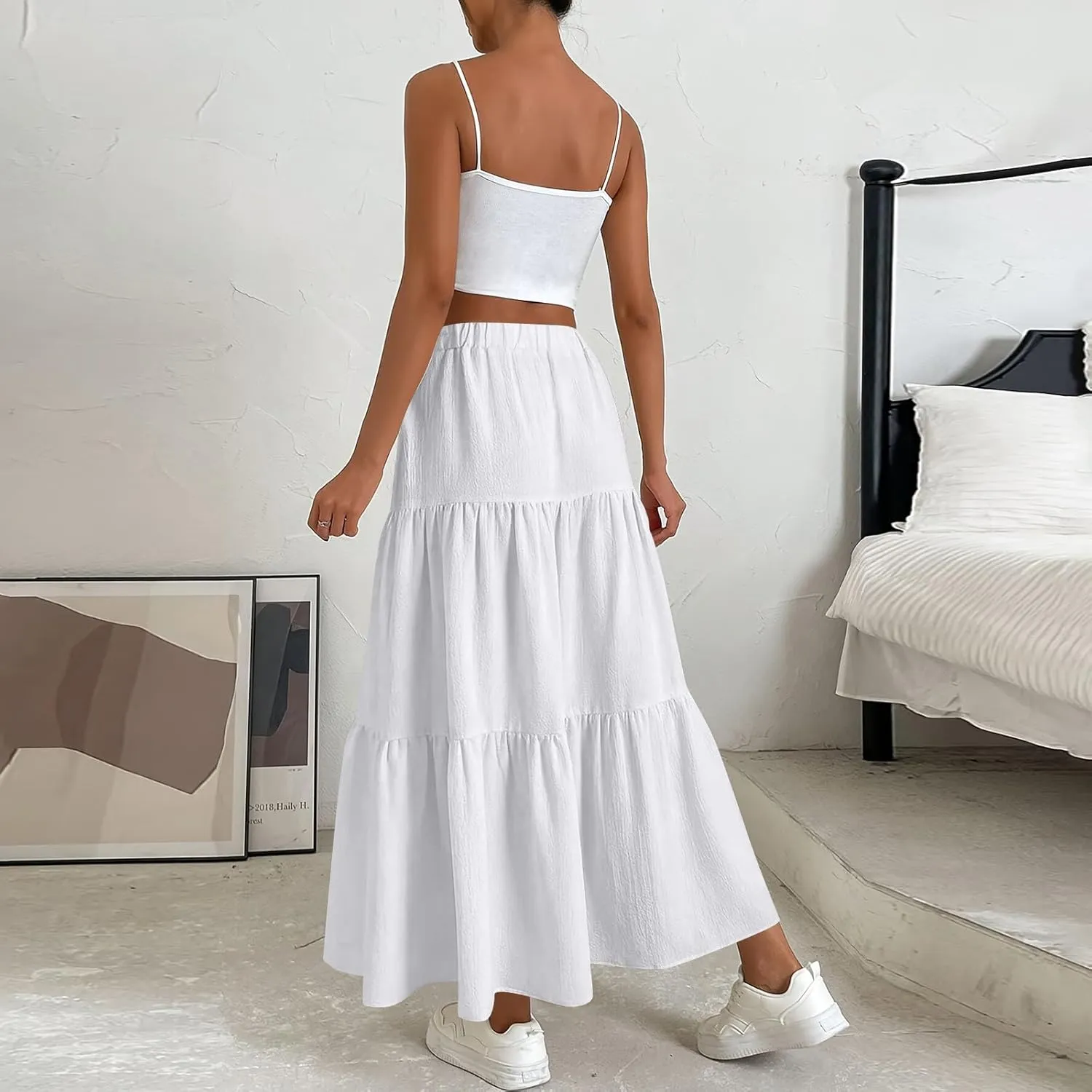 Womens Summer Skirt Beach Maxi Skirt Drawstring High Waisted Pleated Tiered A Line Skirts Trendy Long Flowy Skirts