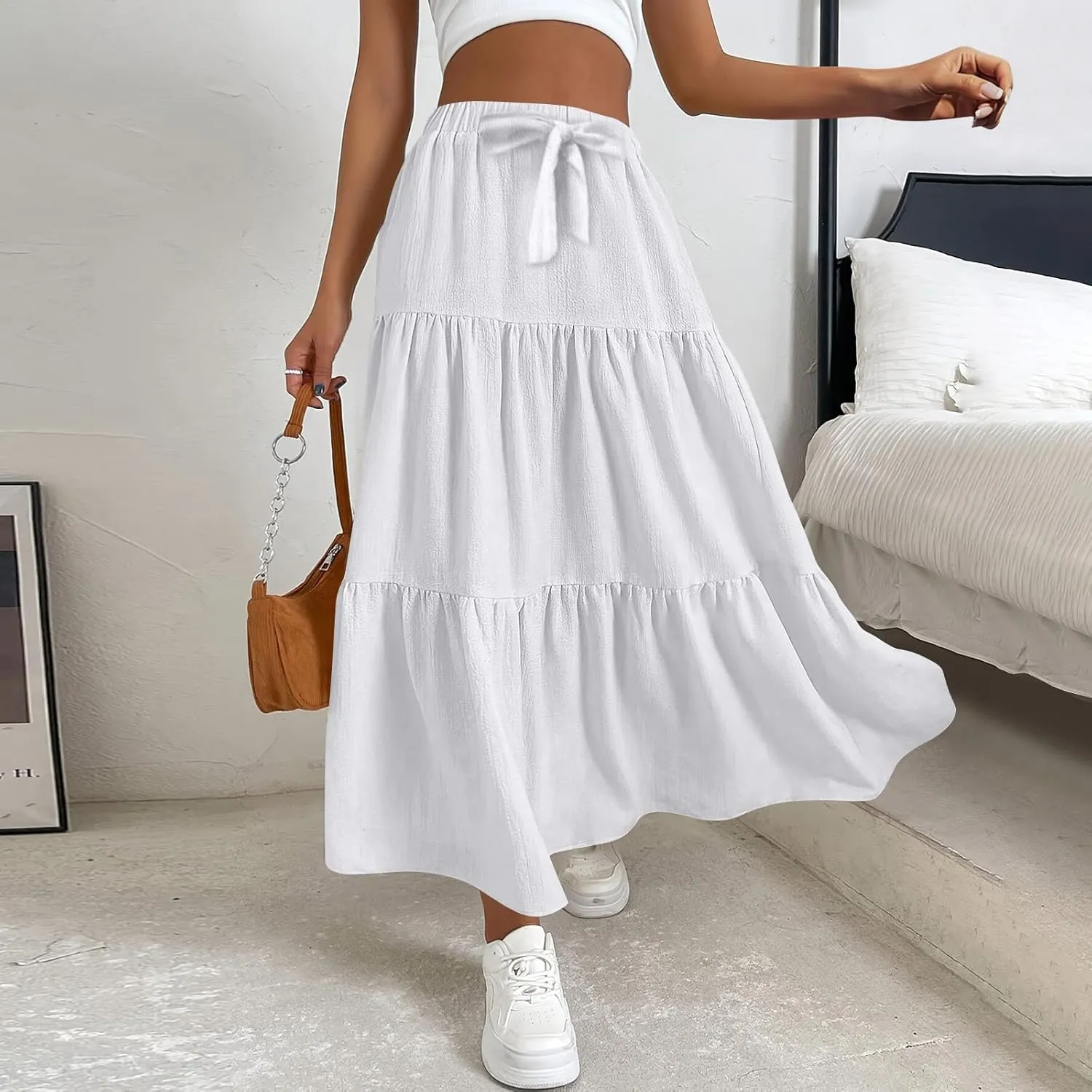 Womens Summer Skirt Beach Maxi Skirt Drawstring High Waisted Pleated Tiered A Line Skirts Trendy Long Flowy Skirts