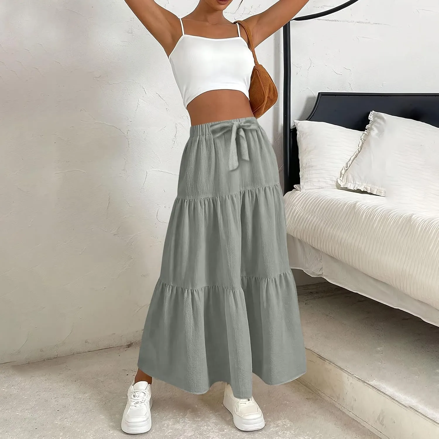 Womens Summer Skirt Beach Maxi Skirt Drawstring High Waisted Pleated Tiered A Line Skirts Trendy Long Flowy Skirts