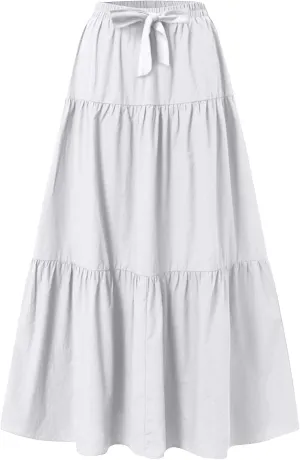 Womens Summer Skirt Beach Maxi Skirt Drawstring High Waisted Pleated Tiered A Line Skirts Trendy Long Flowy Skirts
