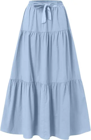Womens Summer Skirt Beach Maxi Skirt Drawstring High Waisted Pleated Tiered A Line Skirts Trendy Long Flowy Skirts
