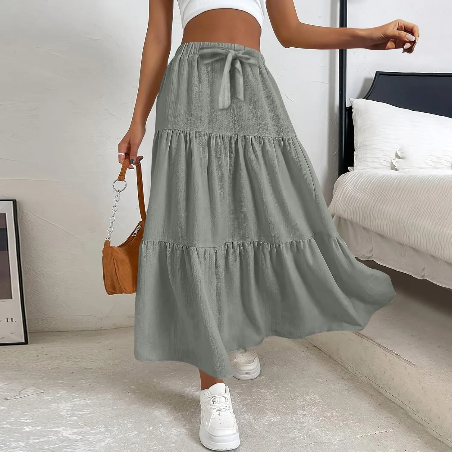 Womens Summer Skirt Beach Maxi Skirt Drawstring High Waisted Pleated Tiered A Line Skirts Trendy Long Flowy Skirts
