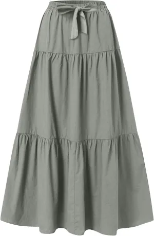 Womens Summer Skirt Beach Maxi Skirt Drawstring High Waisted Pleated Tiered A Line Skirts Trendy Long Flowy Skirts