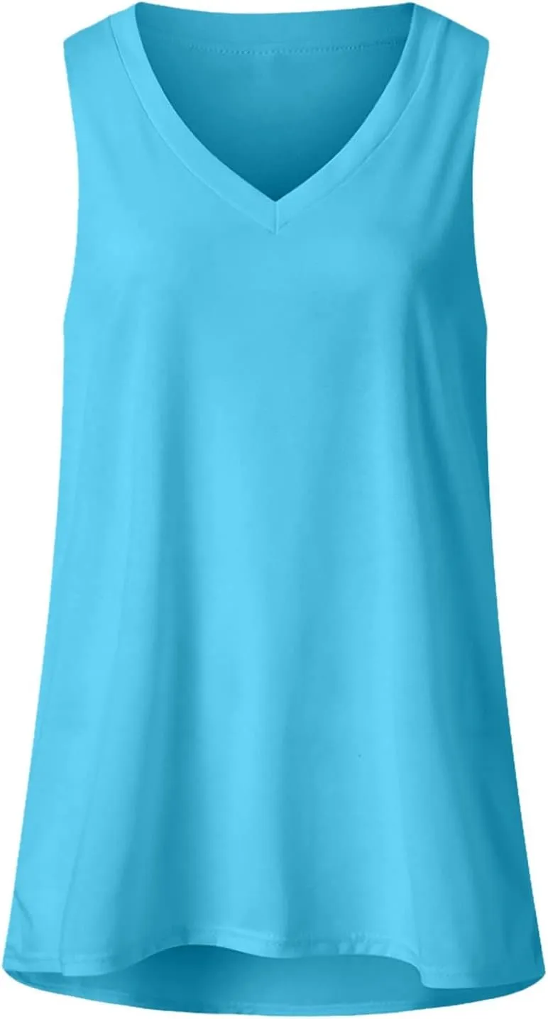 Womens Summer Tank Tops V Neck Sleeveless T Shirts Loose Fit Flowy Tshirt Plus Size Solid Casual Basic Tee Blouses