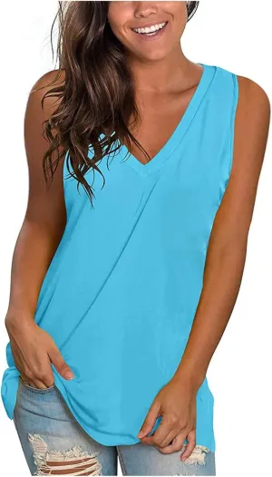 Womens Summer Tank Tops V Neck Sleeveless T Shirts Loose Fit Flowy Tshirt Plus Size Solid Casual Basic Tee Blouses