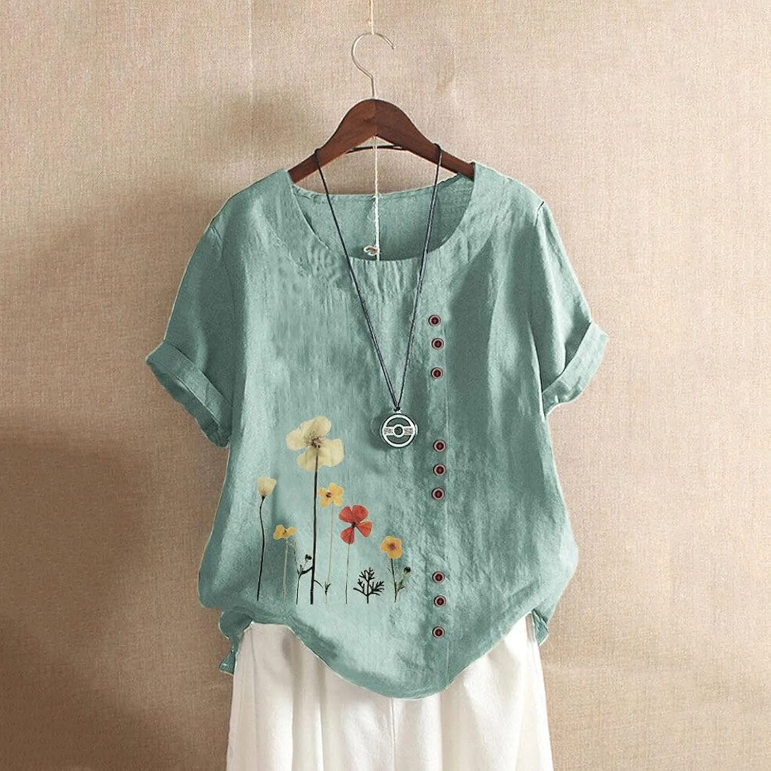 Women's Summer Tops Casual Cotton Linen T Shirts Short Sleeve Round Neck Shirt Oversized Floral Graphic Tees