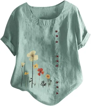 Women's Summer Tops Casual Cotton Linen T Shirts Short Sleeve Round Neck Shirt Oversized Floral Graphic Tees