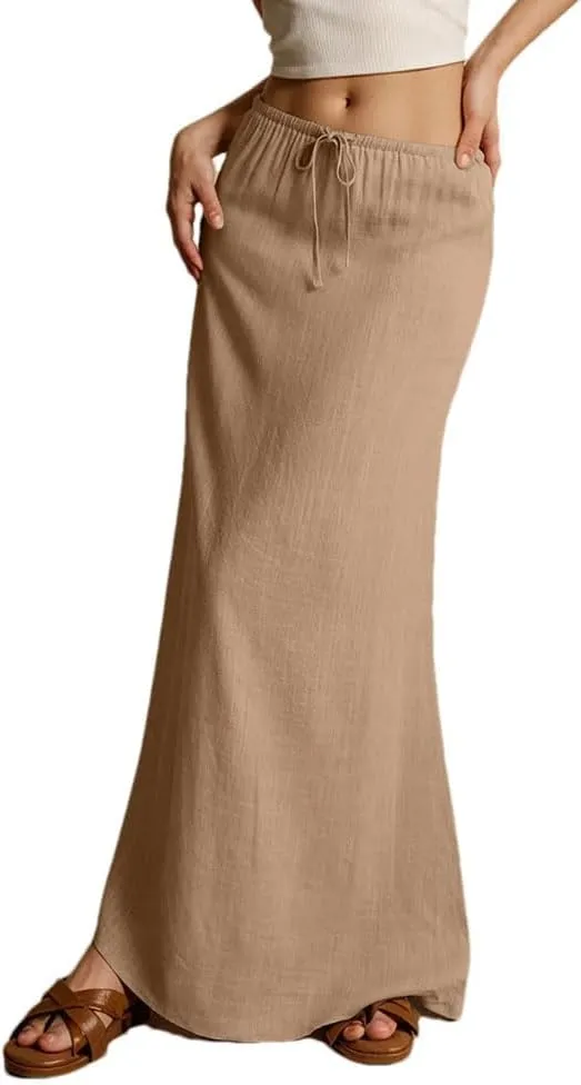 Women's Summer Vacation Beach Maxi Skirt Drawstring Low Waist A Line Casual Bodycon Skirts