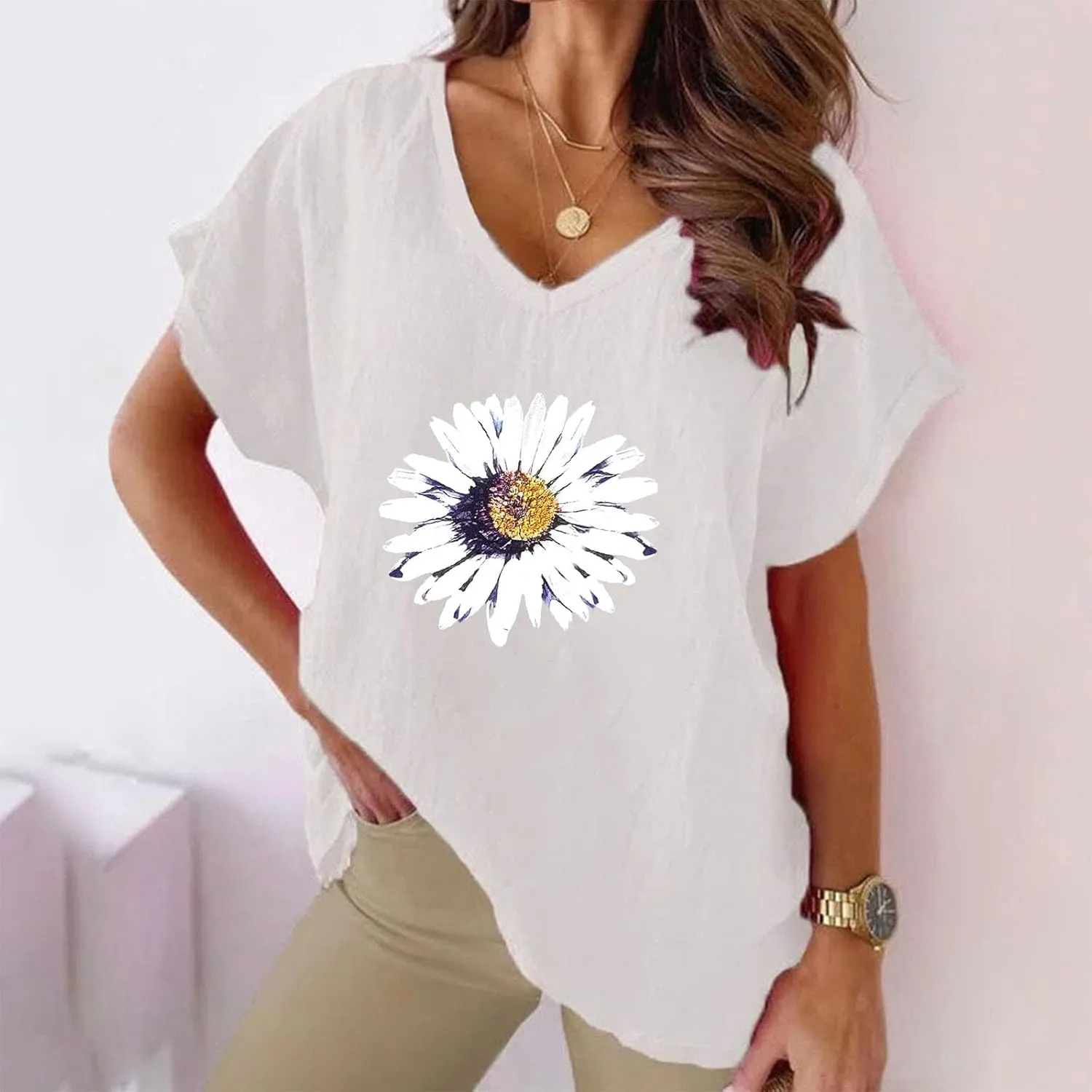 Women's Sunflower Gauze Tops 2024 Cotton Linen Summer Blouse Shirt Short Sleeve Tunic Tshirt Trendy Causal Clothing