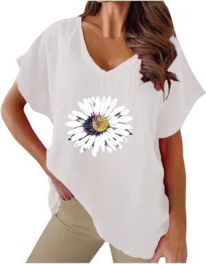 Women's Sunflower Gauze Tops 2024 Cotton Linen Summer Blouse Shirt Short Sleeve Tunic Tshirt Trendy Causal Clothing