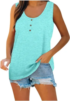 Womens Tank Top Loose Fit Casual Crew Neck Sleeveless Button T Shirts Plus Size 4Th of July Summer Tops