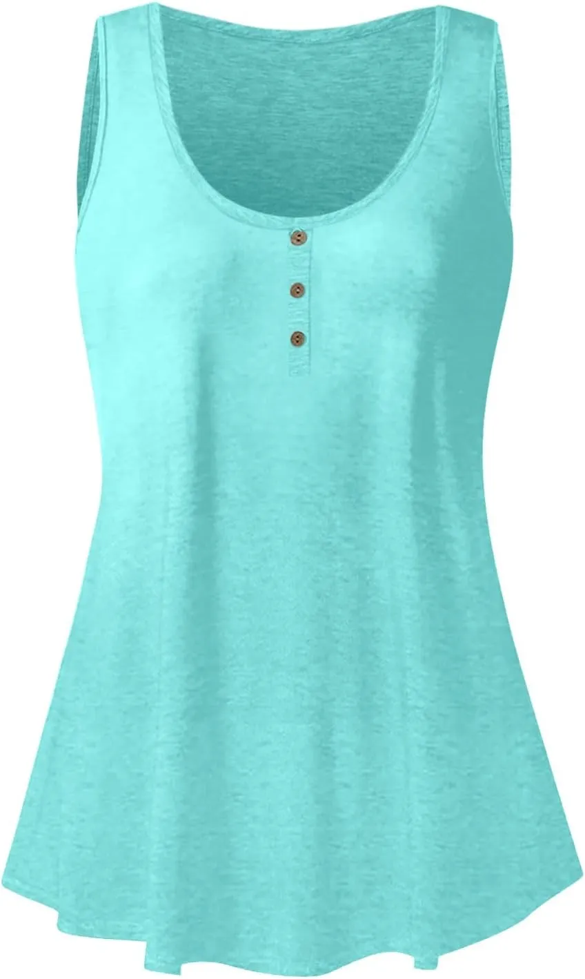 Womens Tank Top Loose Fit Casual Crew Neck Sleeveless Button T Shirts Plus Size 4Th of July Summer Tops