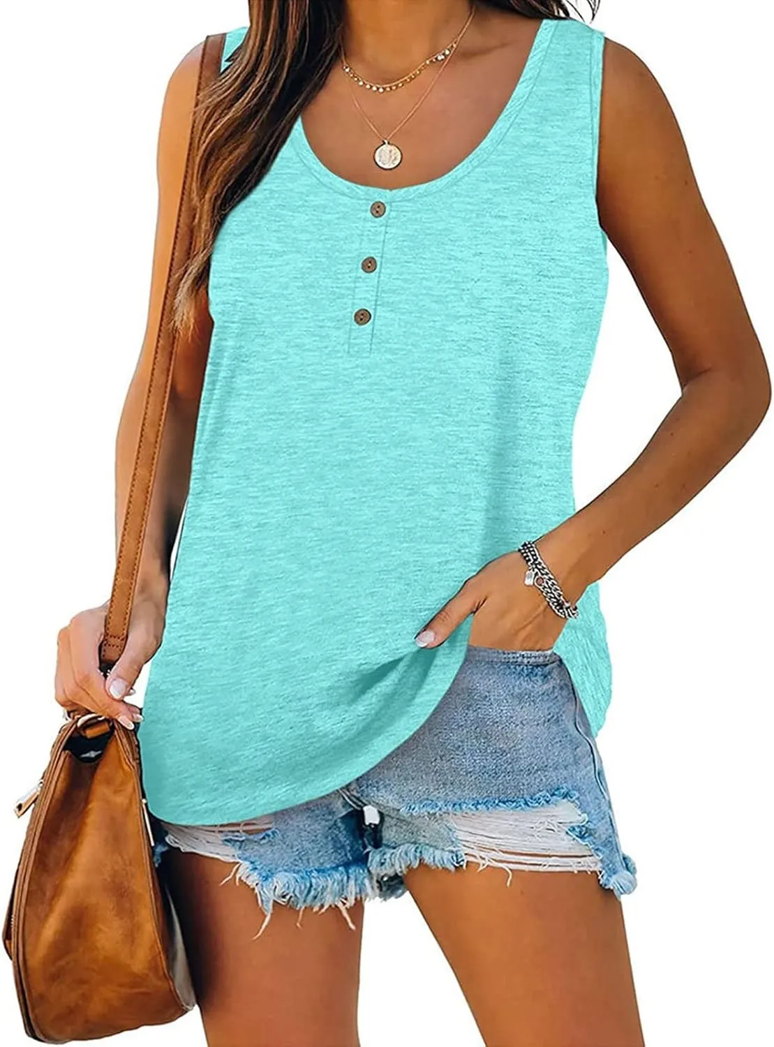 Womens Tank Top Loose Fit Casual Crew Neck Sleeveless Button T Shirts Plus Size 4Th of July Summer Tops