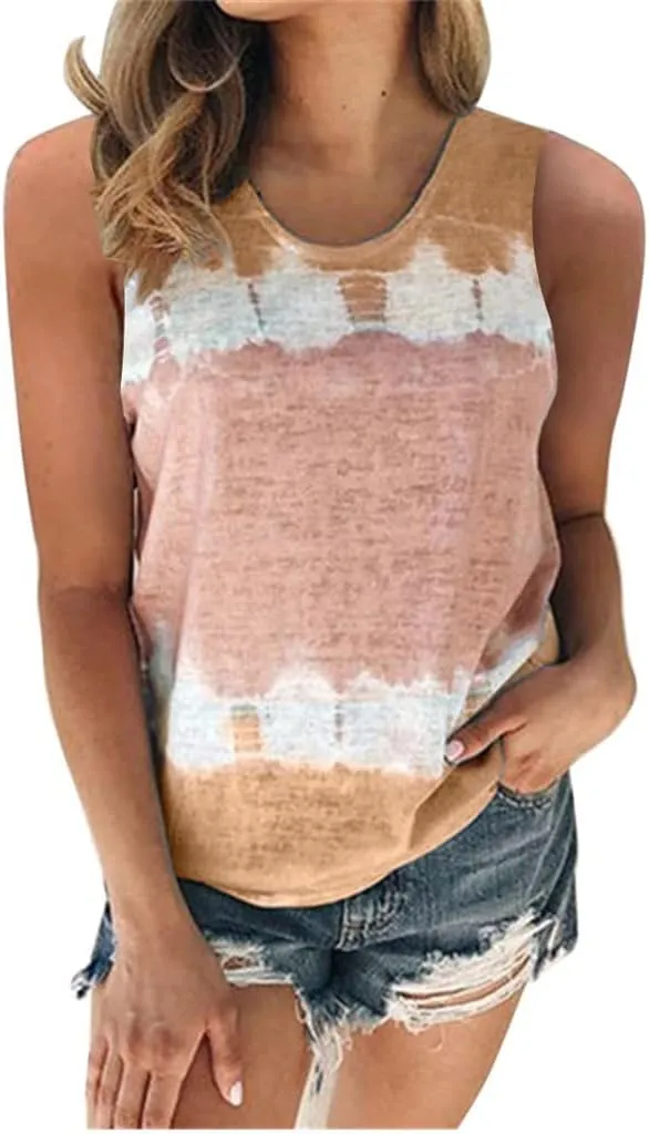 Womens Tank Tops Casual Flowy Printed Sleeveless Shirts Loose Summe Basic Tees Shirt Tie Dye Trendy Top for Leggings