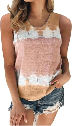 Womens Tank Tops Casual Flowy Printed Sleeveless Shirts Loose Summe Basic Tees Shirt Tie Dye Trendy Top for Leggings