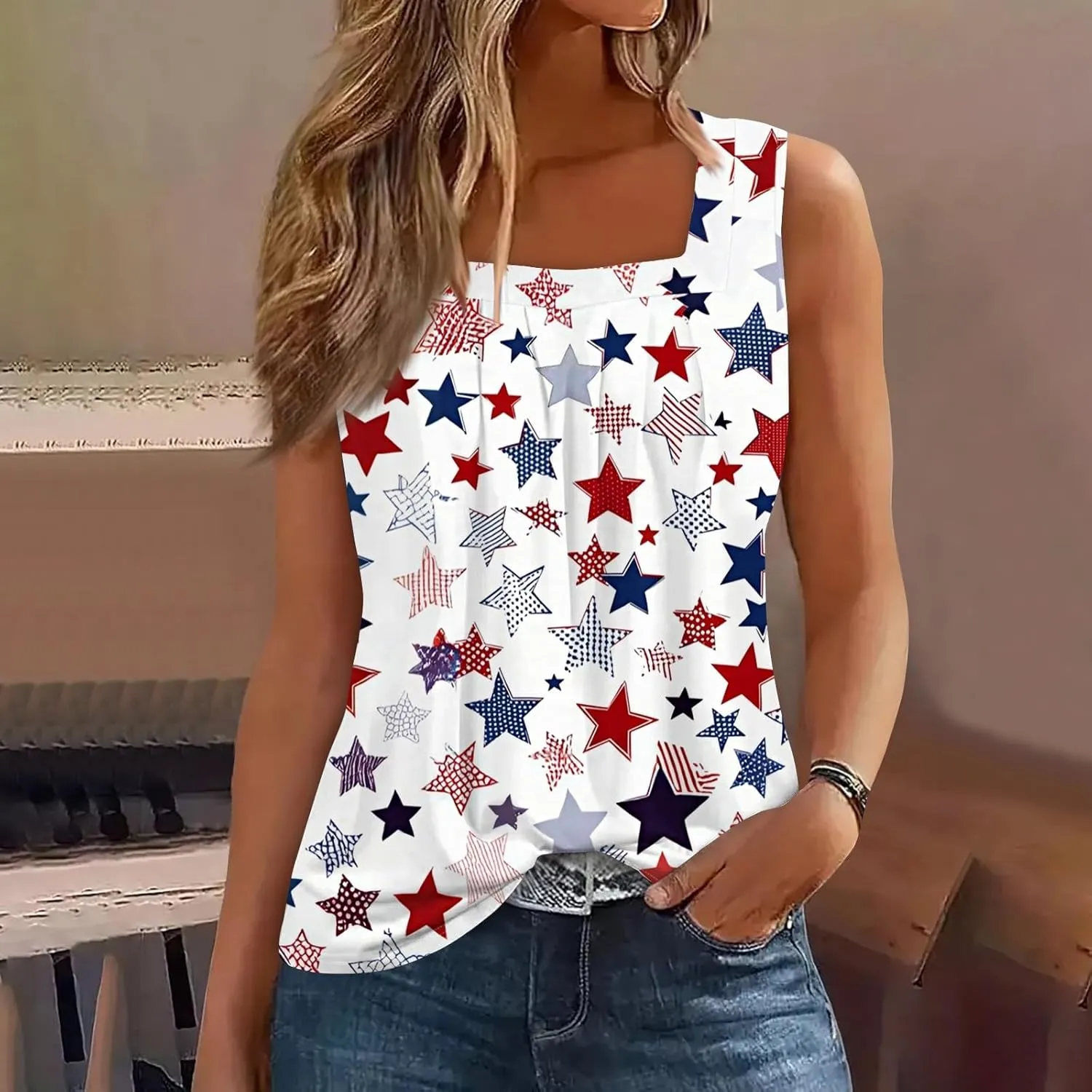 Womens Tank Tops for Women - Loose Fit Pleated Square Neck Sleeveless Tops Curved Hem Flowy Loose Fit Shirts 2025