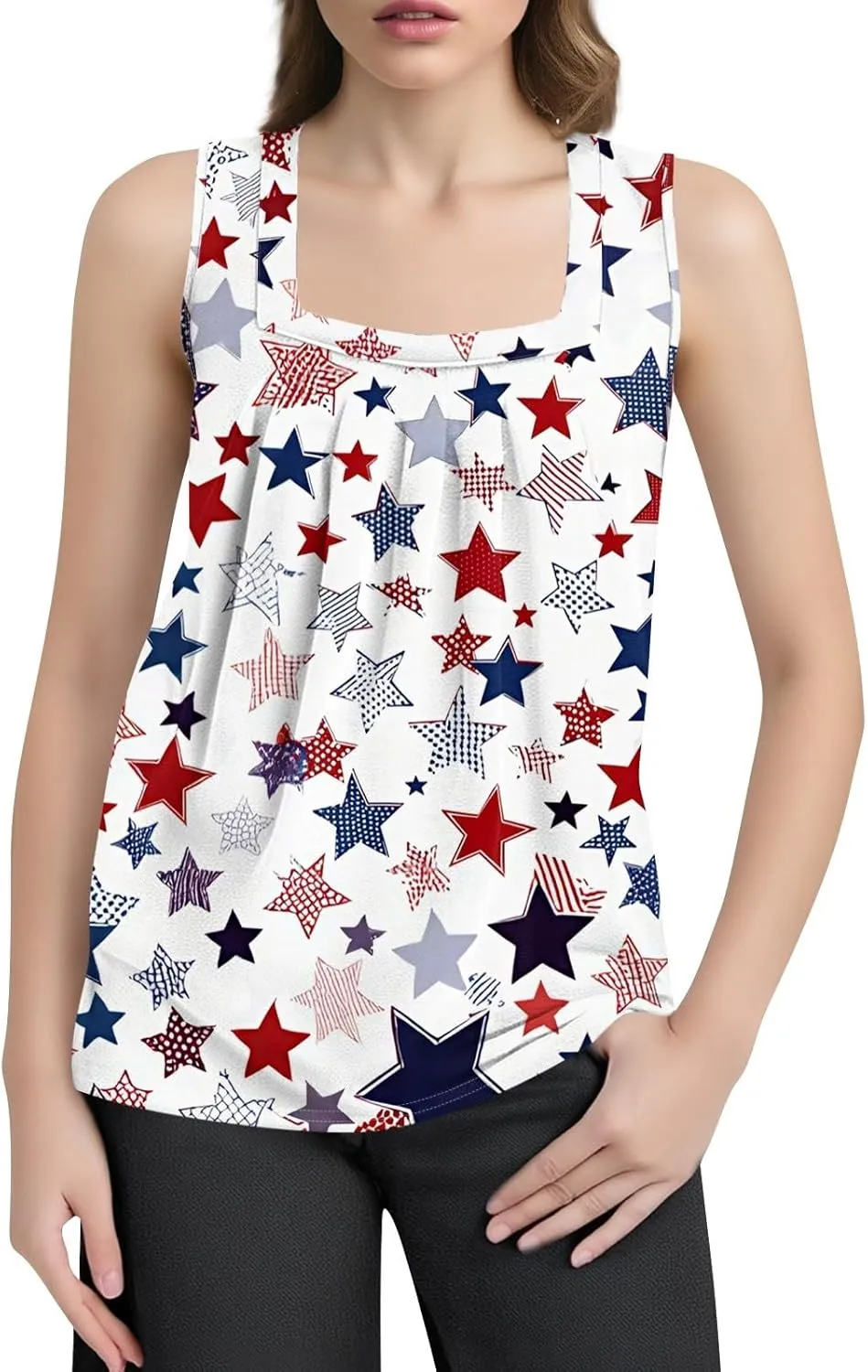 Womens Tank Tops for Women - Loose Fit Pleated Square Neck Sleeveless Tops Curved Hem Flowy Loose Fit Shirts 2025