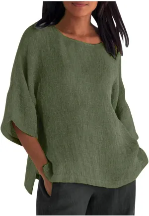Womens Tops Casual Cotton Linen Tees Cropped Sleeve Shirts Spring Summer Fashion Clothing Solid Crewneck Tshirt