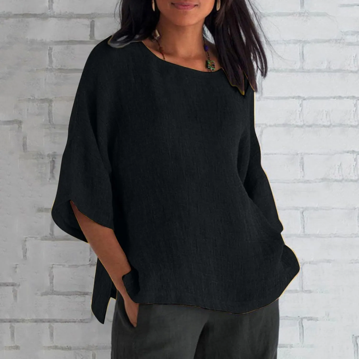 Womens Tops Casual Cotton Linen Tees Cropped Sleeve Shirts Spring Summer Fashion Clothing Solid Crewneck Tshirt