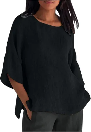 Womens Tops Casual Cotton Linen Tees Cropped Sleeve Shirts Spring Summer Fashion Clothing Solid Crewneck Tshirt
