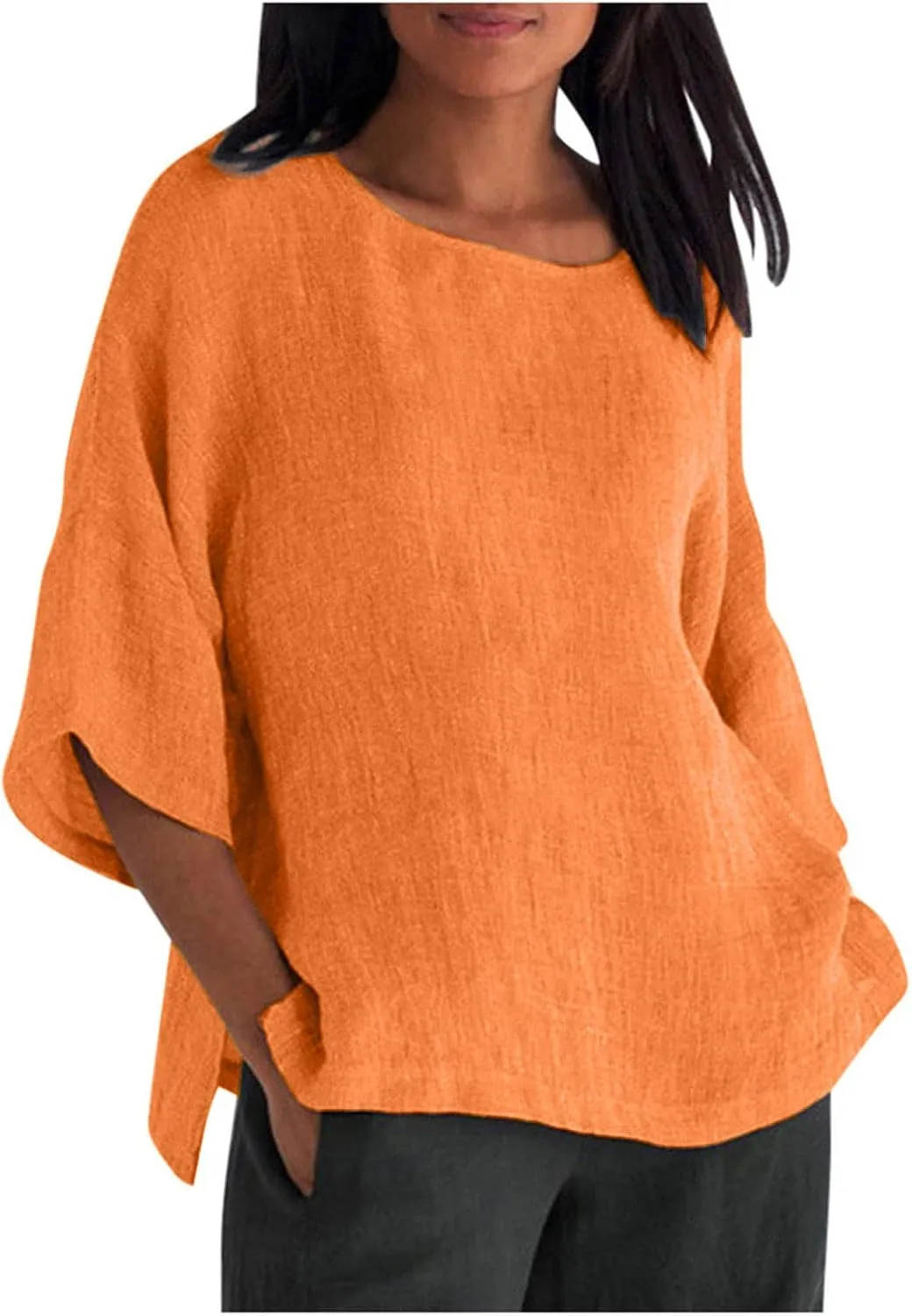 Womens Tops Casual Cotton Linen Tees Cropped Sleeve Shirts Spring Summer Fashion Clothing Solid Crewneck Tshirt