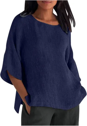 Womens Tops Casual Cotton Linen Tees Cropped Sleeve Shirts Spring Summer Fashion Clothing Solid Crewneck Tshirt