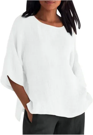 Womens Tops Casual Cotton Linen Tees Cropped Sleeve Shirts Spring Summer Fashion Clothing Solid Crewneck Tshirt