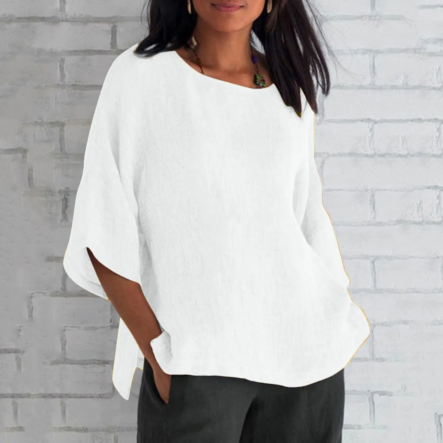 Womens Tops Casual Cotton Linen Tees Cropped Sleeve Shirts Spring Summer Fashion Clothing Solid Crewneck Tshirt