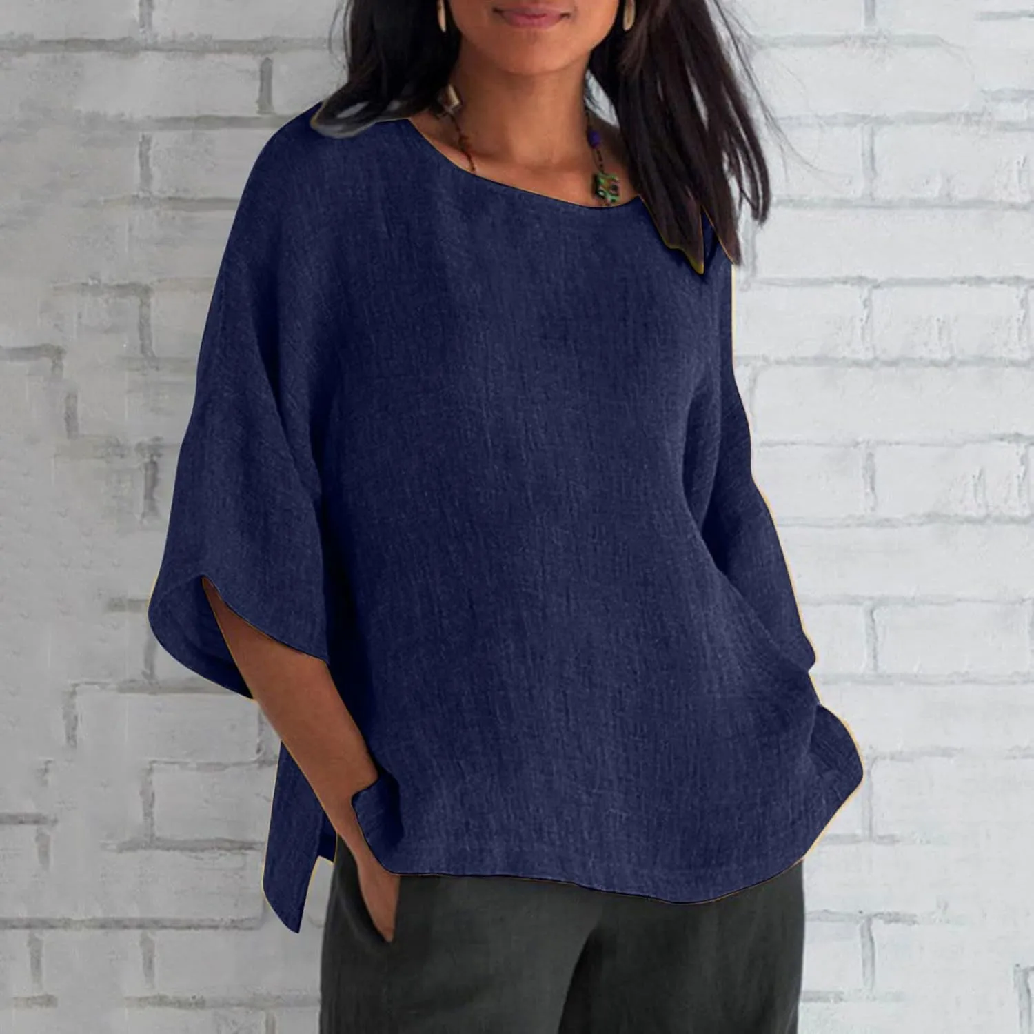 Womens Tops Casual Cotton Linen Tees Cropped Sleeve Shirts Spring Summer Fashion Clothing Solid Crewneck Tshirt