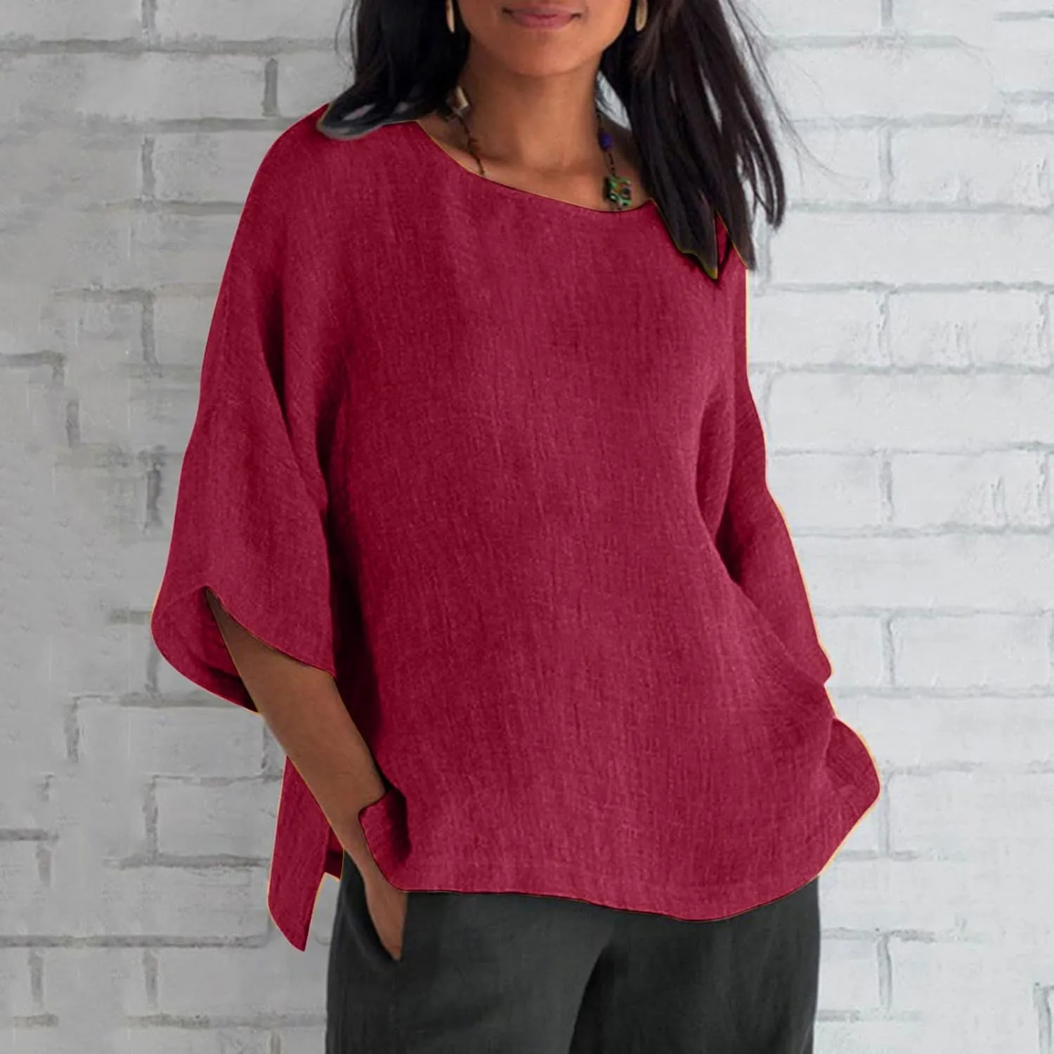 Womens Tops Casual Cotton Linen Tees Cropped Sleeve Shirts Spring Summer Fashion Clothing Solid Crewneck Tshirt