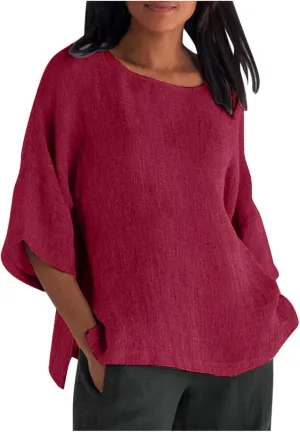 Womens Tops Casual Cotton Linen Tees Cropped Sleeve Shirts Spring Summer Fashion Clothing Solid Crewneck Tshirt